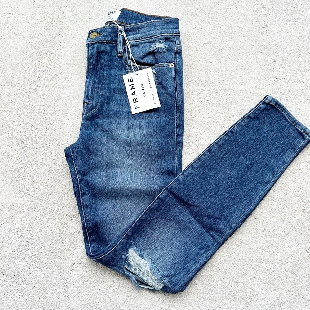 FRAME Le High Rise Ripped Skinny Jeans in Saxon Size 27 NWT
